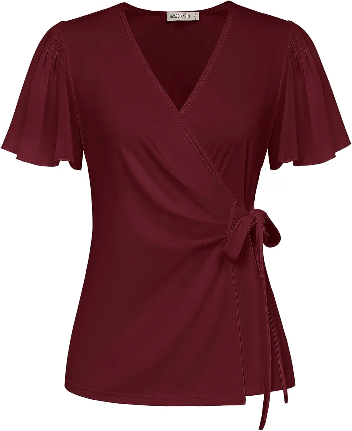 GRACE KARIN 2025 Womens Summer Tops Dressy Business Casual Chiffon Short Sleeve V-Neck Wrap Work Fitted Blouses