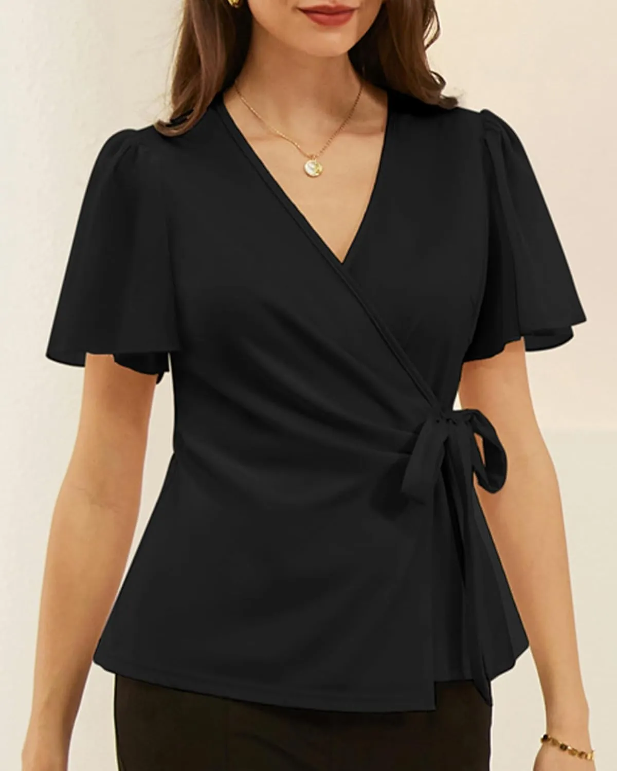 GRACE KARIN 2025 Womens Summer Tops Dressy Business Casual Chiffon Short Sleeve V-Neck Wrap Work Fitted Blouses