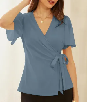 GRACE KARIN 2025 Womens Summer Tops Dressy Business Casual Chiffon Short Sleeve V-Neck Wrap Work Fitted Blouses