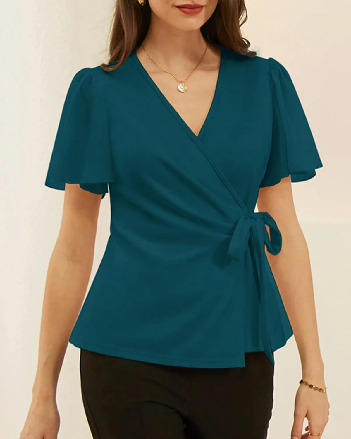 GRACE KARIN 2025 Womens Summer Tops Dressy Business Casual Chiffon Short Sleeve V-Neck Wrap Work Fitted Blouses