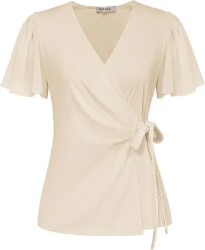 GRACE KARIN 2025 Womens Summer Tops Dressy Business Casual Chiffon Short Sleeve V-Neck Wrap Work Fitted Blouses