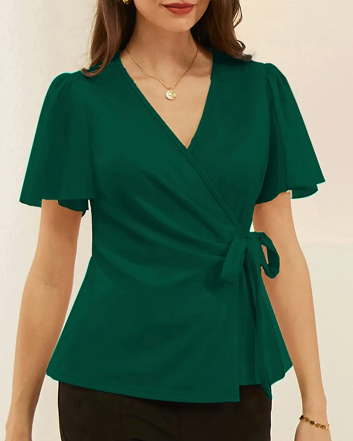 GRACE KARIN 2025 Womens Summer Tops Dressy Business Casual Chiffon Short Sleeve V-Neck Wrap Work Fitted Blouses
