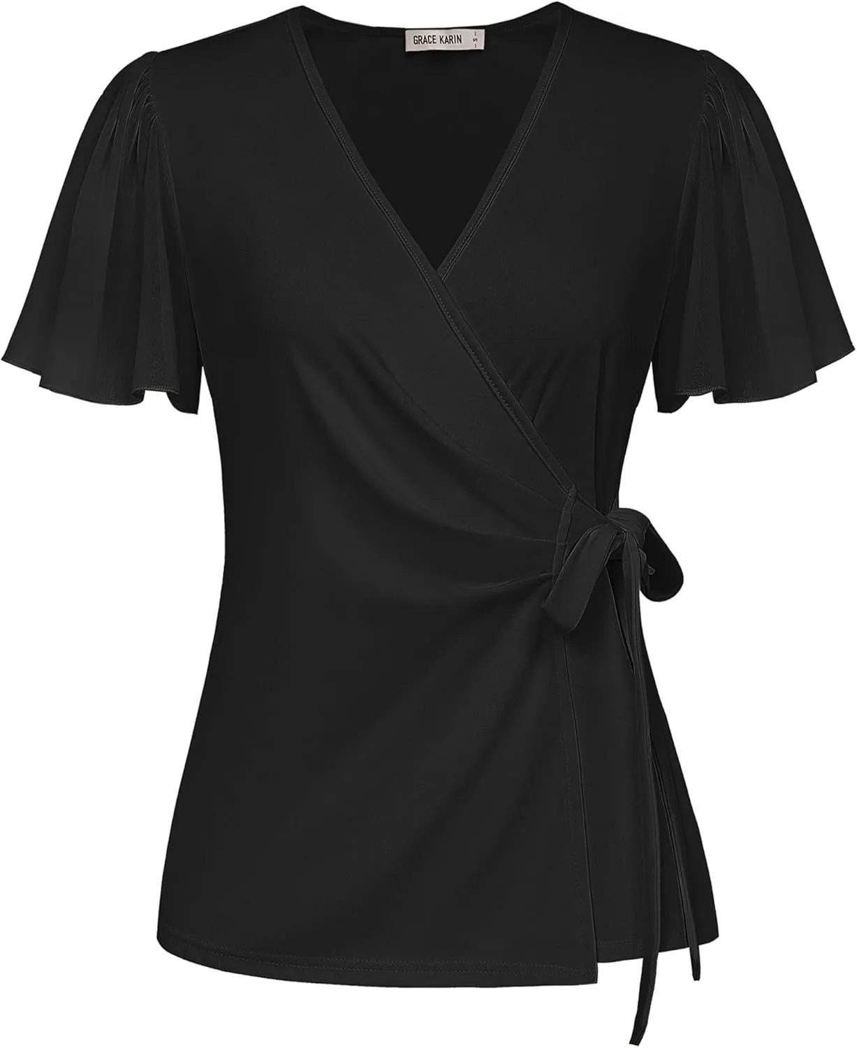 GRACE KARIN 2025 Womens Summer Tops Dressy Business Casual Chiffon Short Sleeve V-Neck Wrap Work Fitted Blouses