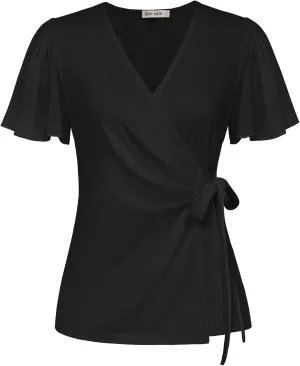 GRACE KARIN 2025 Womens Summer Tops Dressy Business Casual Chiffon Short Sleeve V-Neck Wrap Work Fitted Blouses