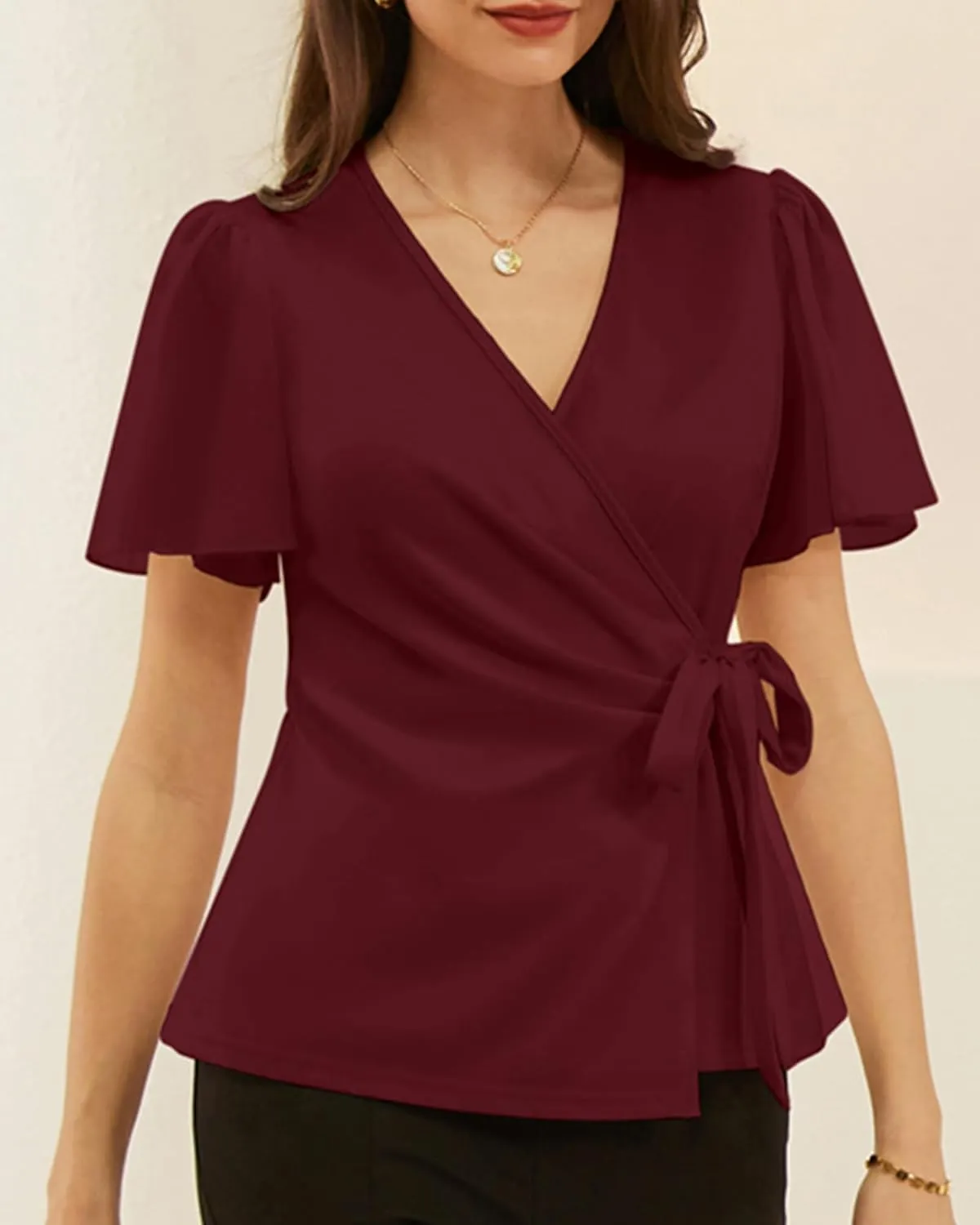 GRACE KARIN 2025 Womens Summer Tops Dressy Business Casual Chiffon Short Sleeve V-Neck Wrap Work Fitted Blouses
