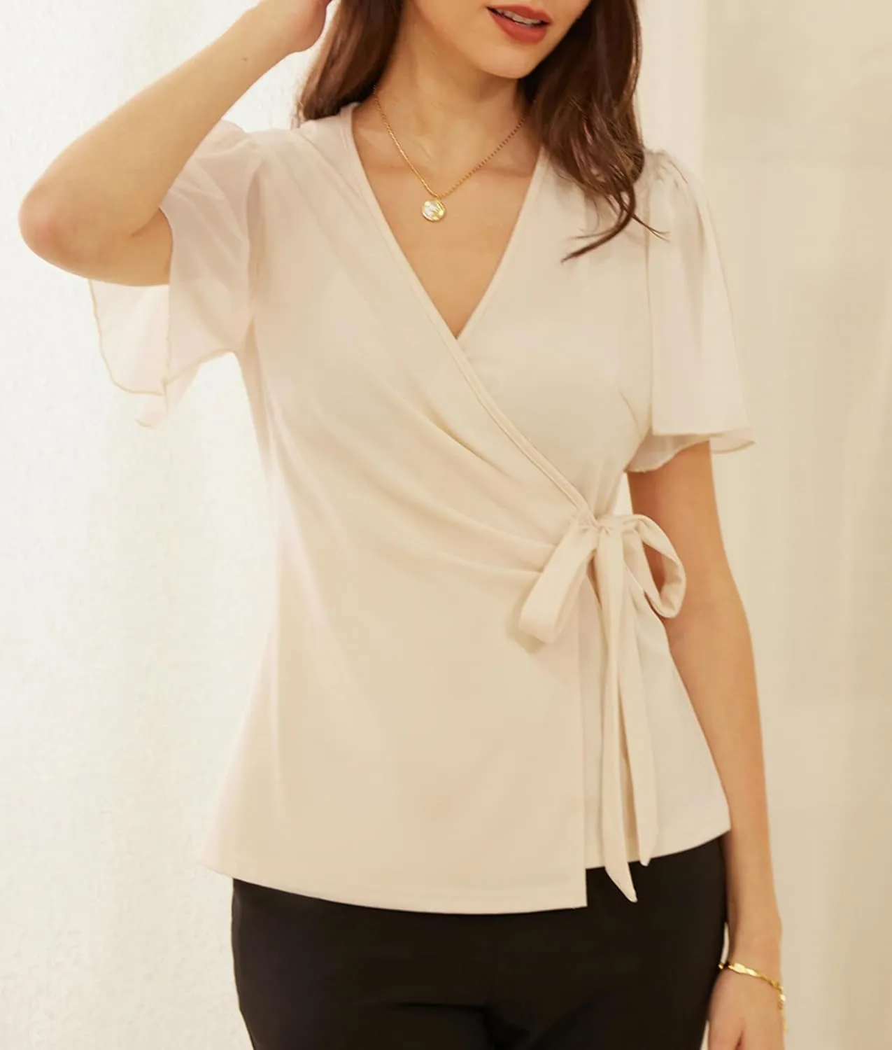 GRACE KARIN 2025 Womens Summer Tops Dressy Business Casual Chiffon Short Sleeve V-Neck Wrap Work Fitted Blouses