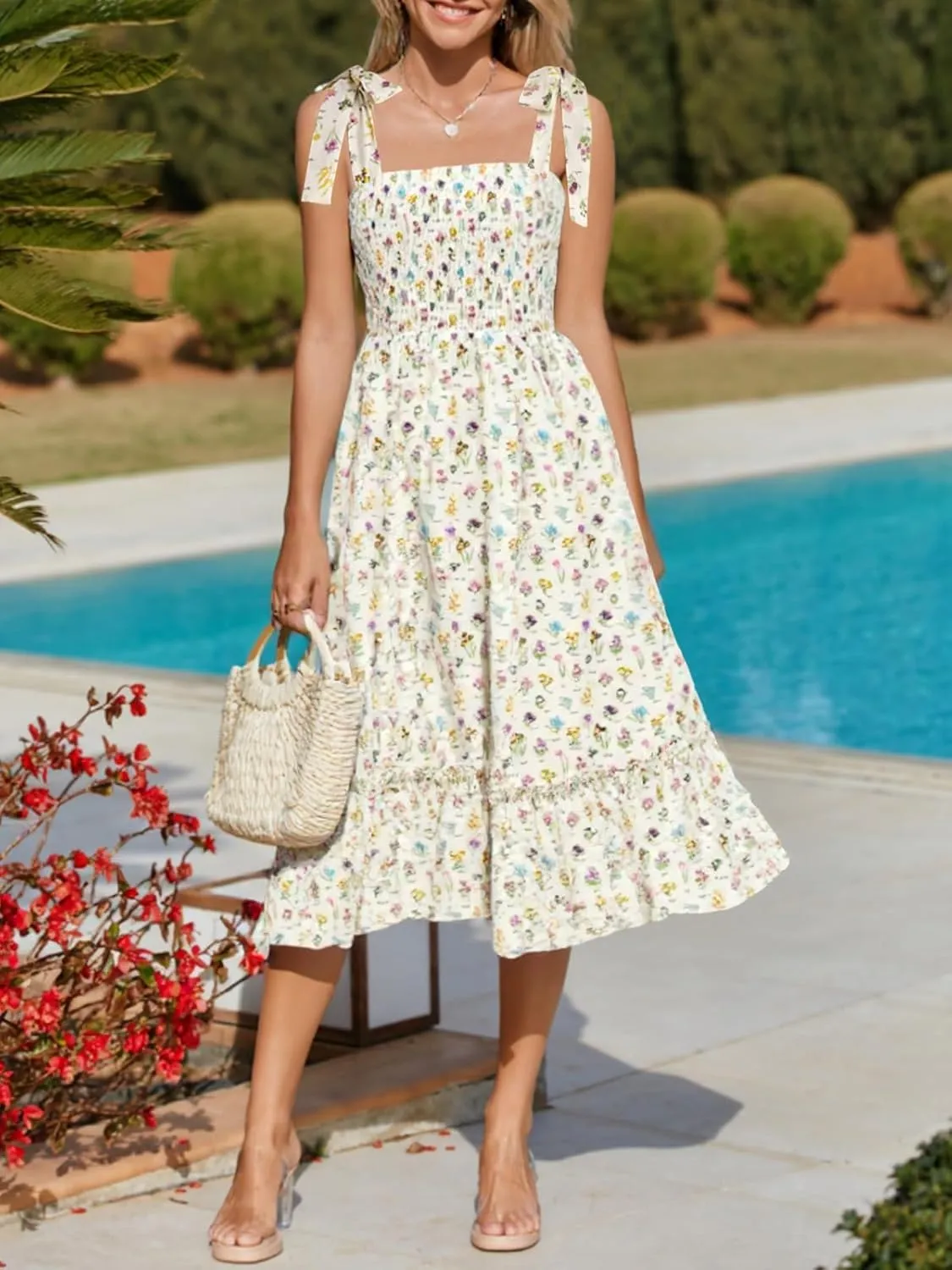 Imily Bela Women's Summer Boho Floral Beach Dress, A Line Maxi, Square Neck, Ruffle Hem