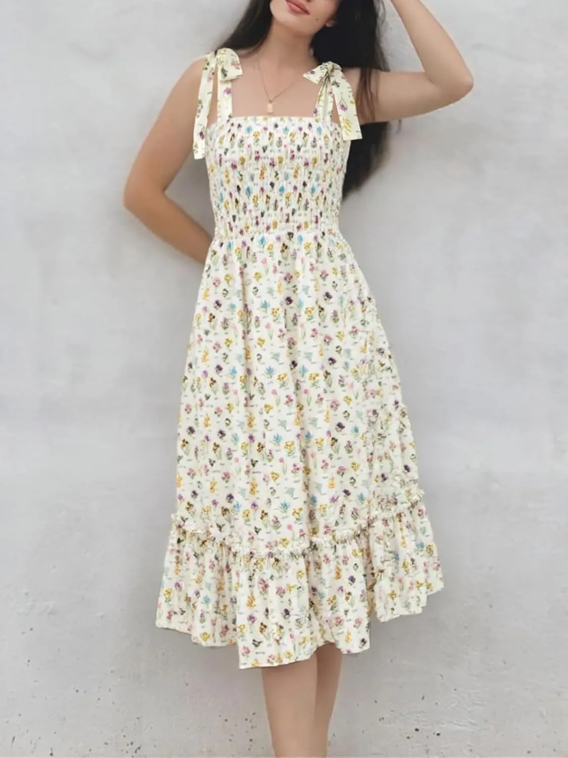 Imily Bela Women's Summer Boho Floral Beach Dress, A Line Maxi, Square Neck, Ruffle Hem