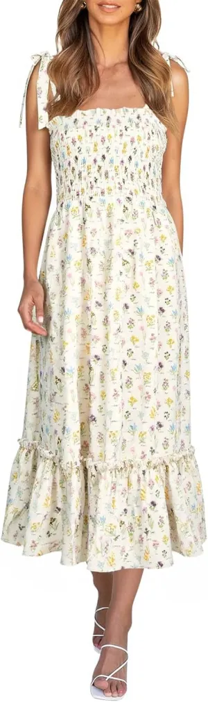 Imily Bela Women's Summer Boho Floral Beach Dress, A Line Maxi, Square Neck, Ruffle Hem