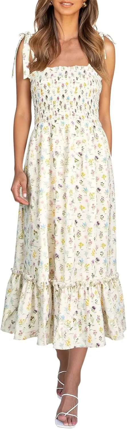 Imily Bela Women's Summer Boho Floral Beach Dress, A Line Maxi, Square Neck, Ruffle Hem