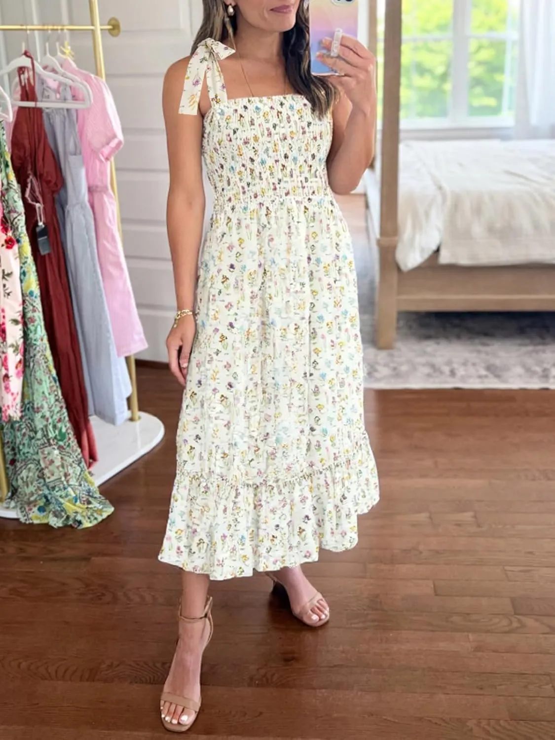Imily Bela Women's Summer Boho Floral Beach Dress, A Line Maxi, Square Neck, Ruffle Hem