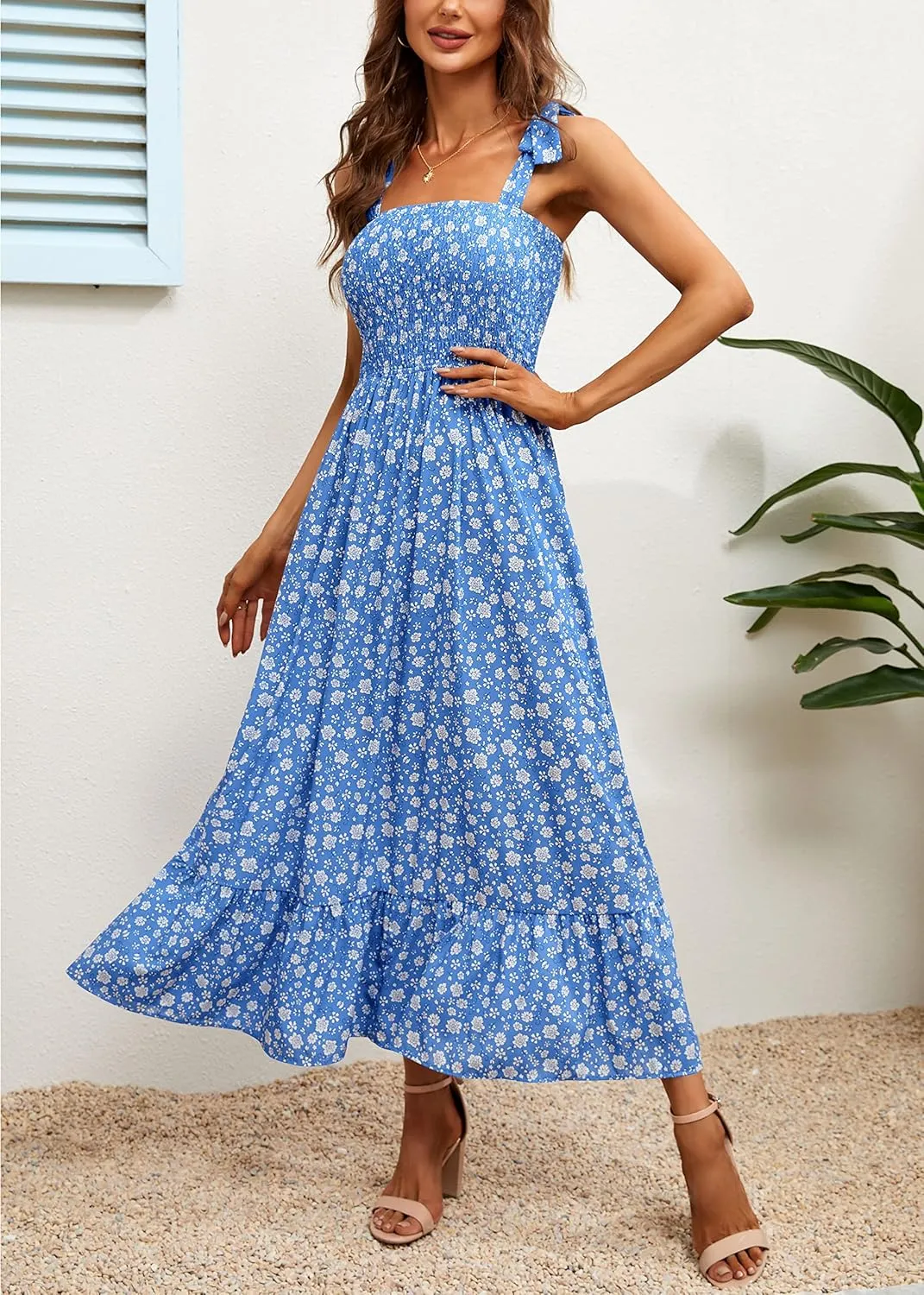 Imily Bela Womens Summer Dress Tie Strap Boho Floral Beach Dress Square Neck Ruffle Sun Dresses A Line Smocked Maxi Dress