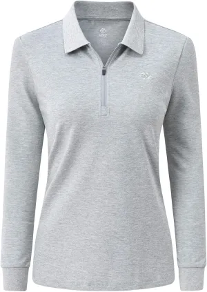 JINSHI Women's Golf Polo Shirt Long Sleeves Zip Up Sport Active Shirts Quick Dry Athletic T-Shirt Casual Tennis Tops Slim Fit