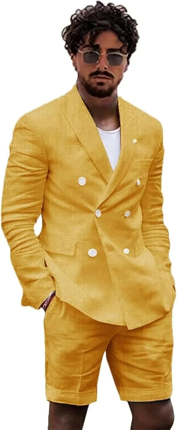Linen 2 Piece Double Breasted Suit Men Summer Shorts Casual Blazer Tuxedo Groom Beach Wedding Dress (Blazer  Shorts)