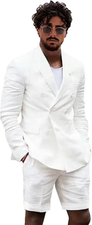 Linen 2 Piece Double Breasted Suit Men Summer Shorts Casual Blazer Tuxedo Groom Beach Wedding Dress (Blazer  Shorts)