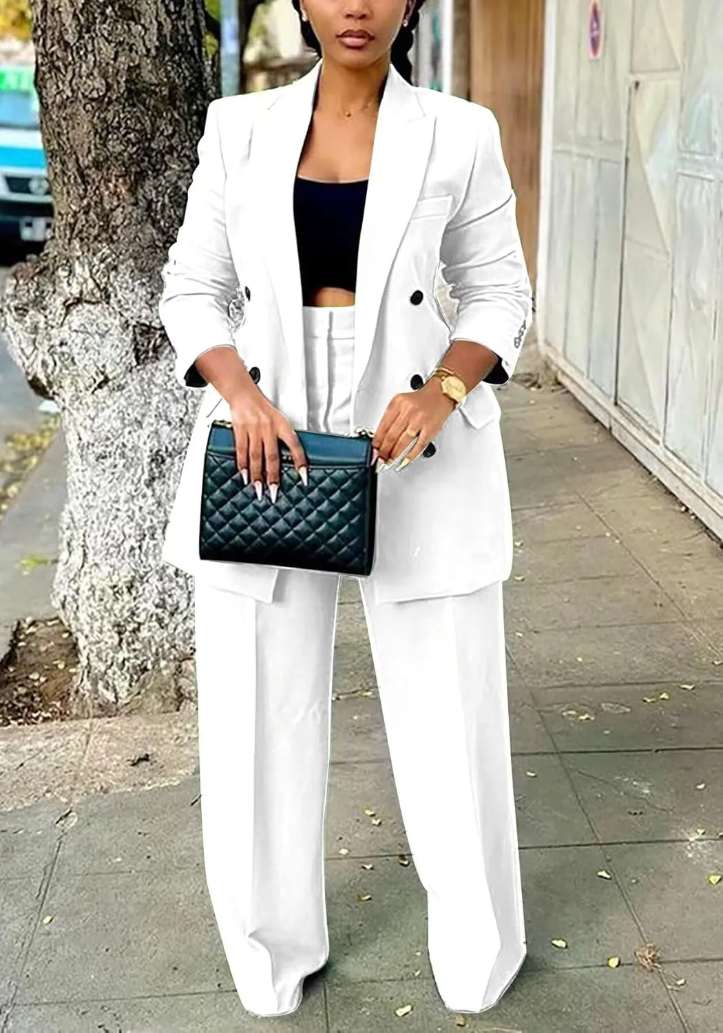LROSEY 2 Piece Outfits for Women Dressy Double Breasted Blazer Jackets High Waisted Wide Leg Pants Suits Set Casual Business