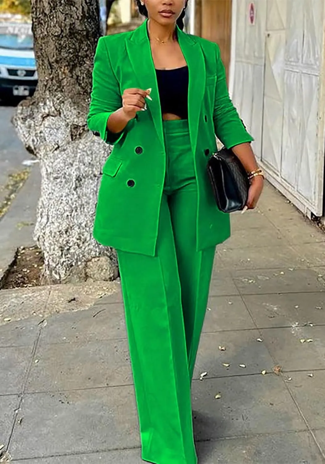 LROSEY 2 Piece Outfits for Women Dressy Double Breasted Blazer Jackets High Waisted Wide Leg Pants Suits Set Casual Business