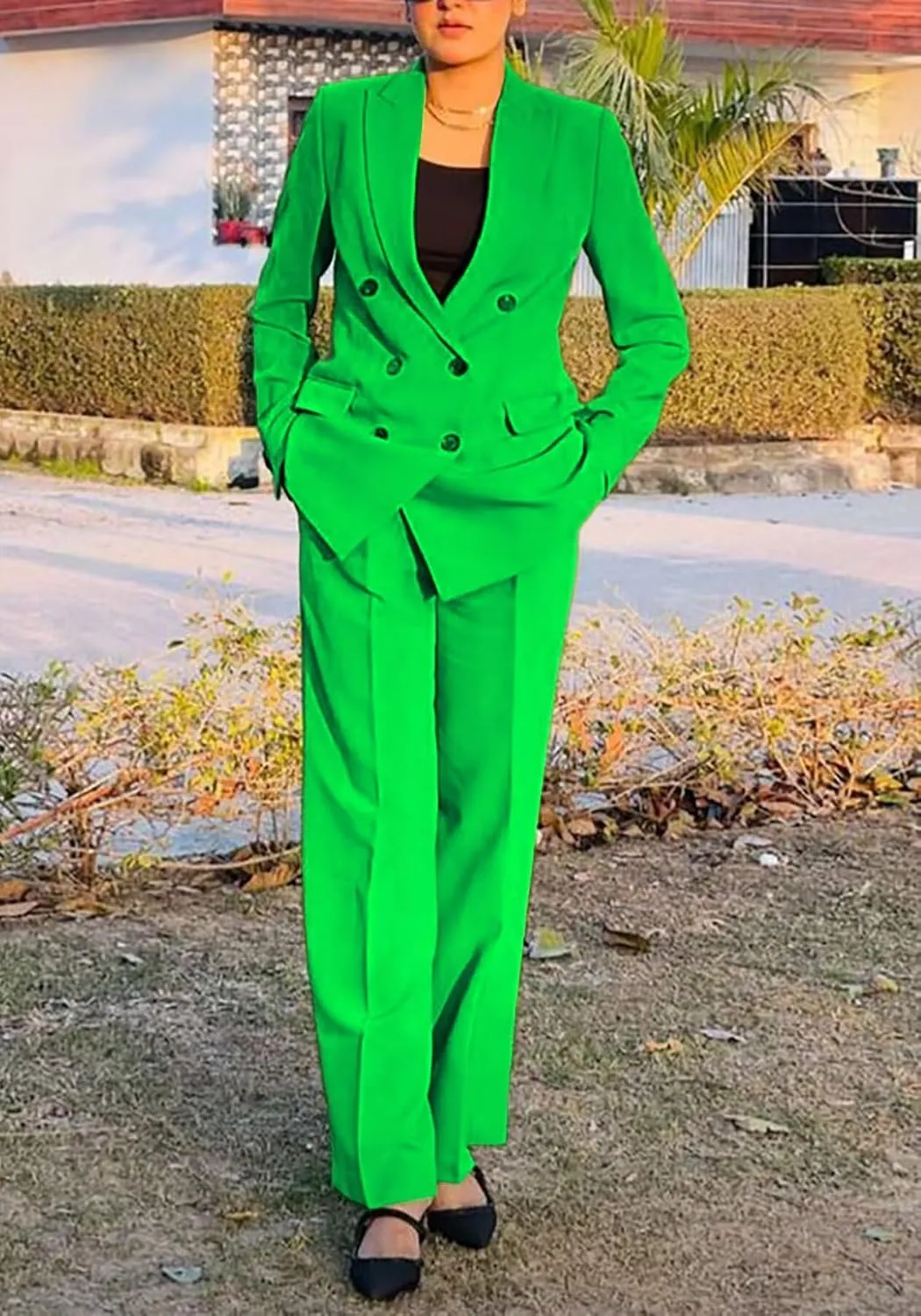 LROSEY 2 Piece Outfits for Women Dressy Double Breasted Blazer Jackets High Waisted Wide Leg Pants Suits Set Casual Business