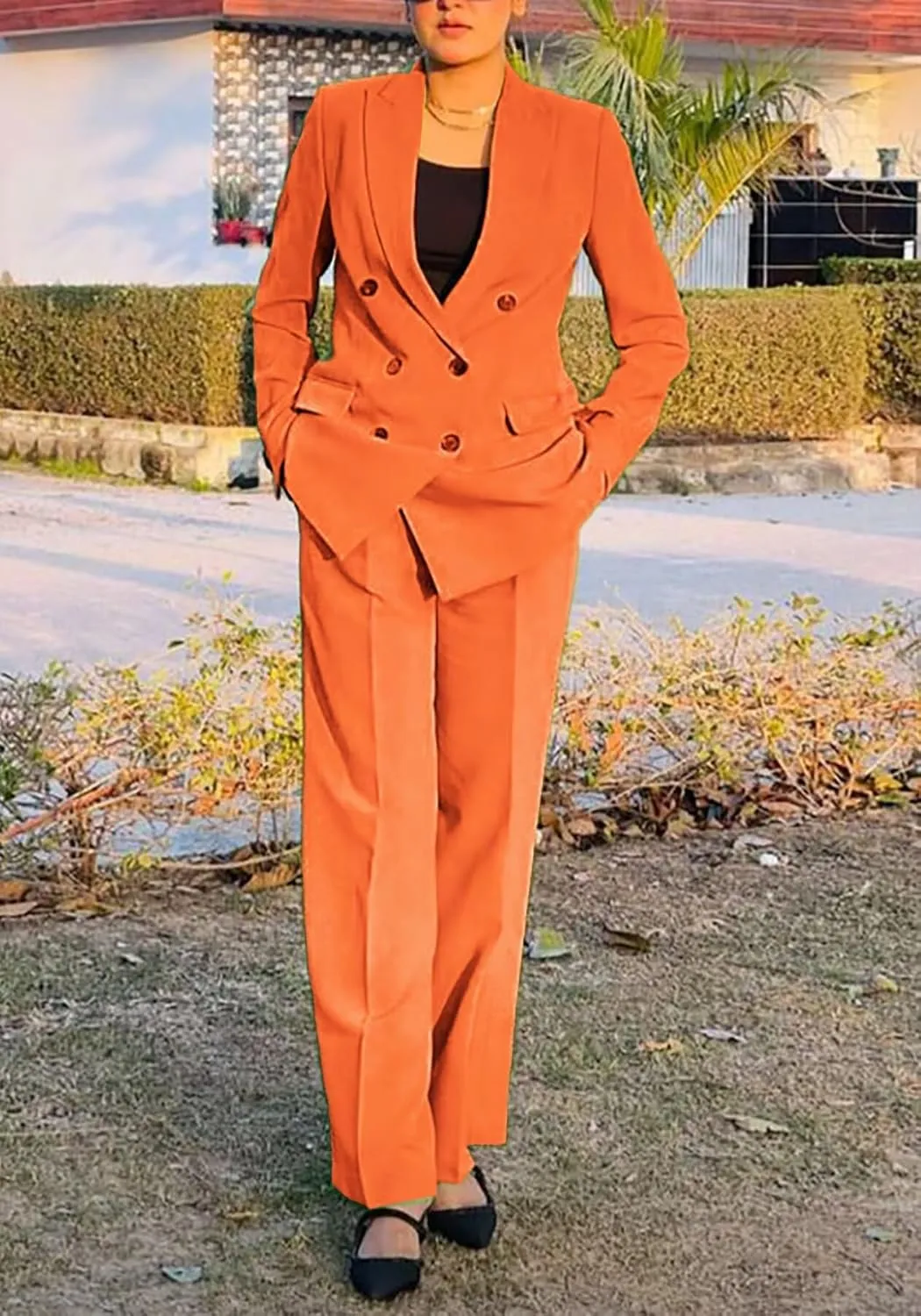 LROSEY 2 Piece Outfits for Women Dressy Double Breasted Blazer Jackets High Waisted Wide Leg Pants Suits Set Casual Business