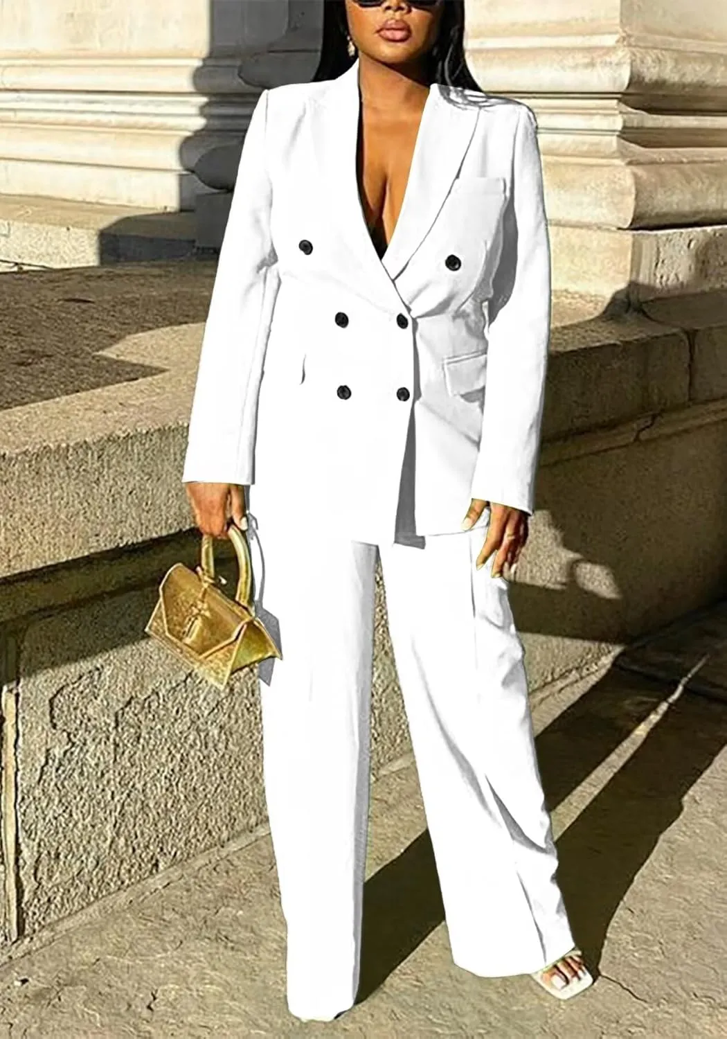 LROSEY 2 Piece Outfits for Women Dressy Double Breasted Blazer Jackets High Waisted Wide Leg Pants Suits Set Casual Business