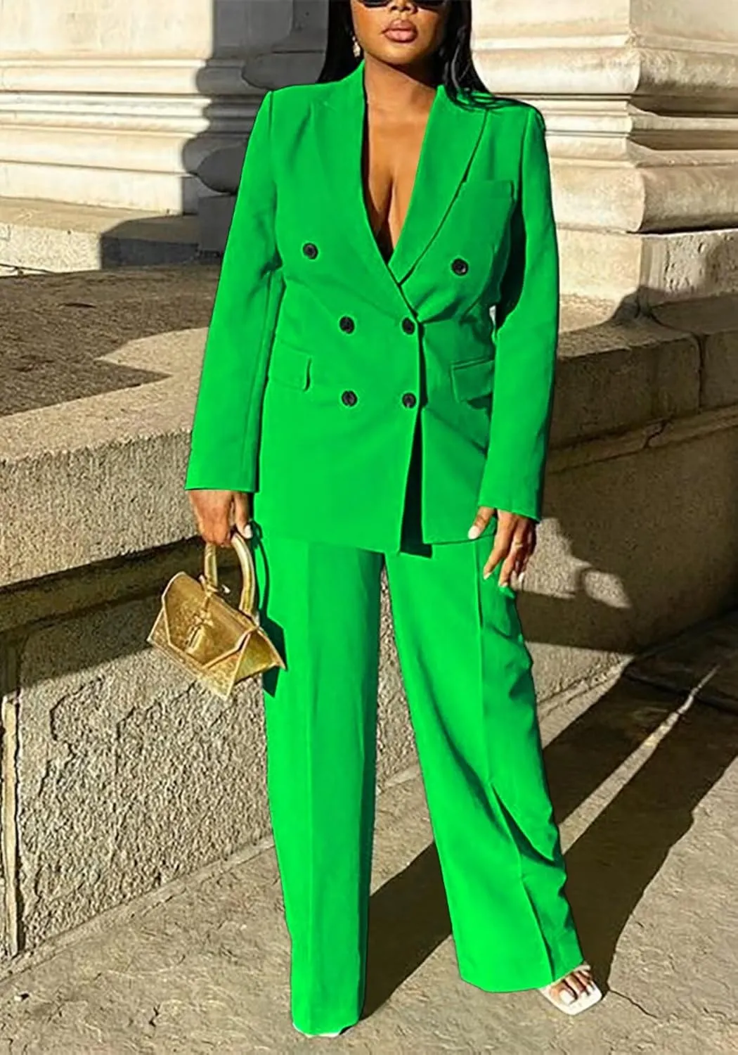 LROSEY 2 Piece Outfits for Women Dressy Double Breasted Blazer Jackets High Waisted Wide Leg Pants Suits Set Casual Business