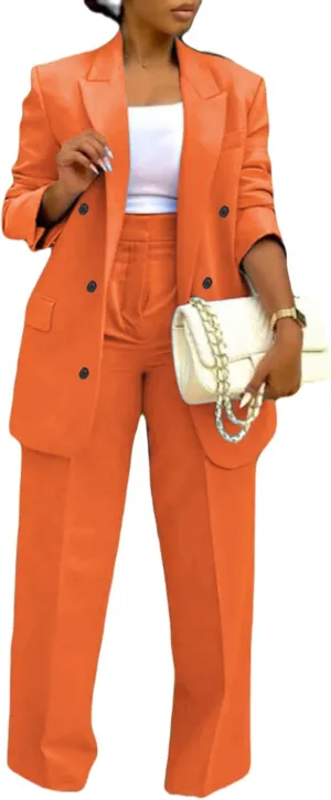 LROSEY 2 Piece Outfits for Women Dressy Double Breasted Blazer Jackets High Waisted Wide Leg Pants Suits Set Casual Business