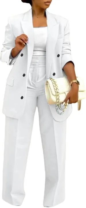 LROSEY 2 Piece Outfits for Women Dressy Double Breasted Blazer Jackets High Waisted Wide Leg Pants Suits Set Casual Business
