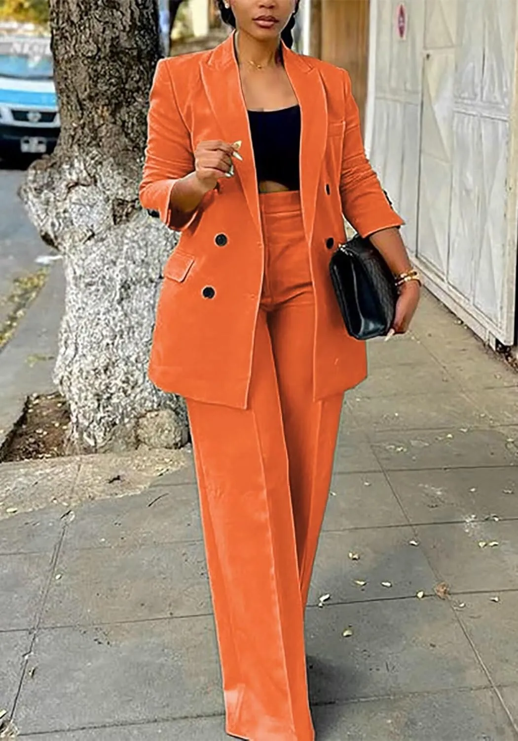 LROSEY 2 Piece Outfits for Women Dressy Double Breasted Blazer Jackets High Waisted Wide Leg Pants Suits Set Casual Business