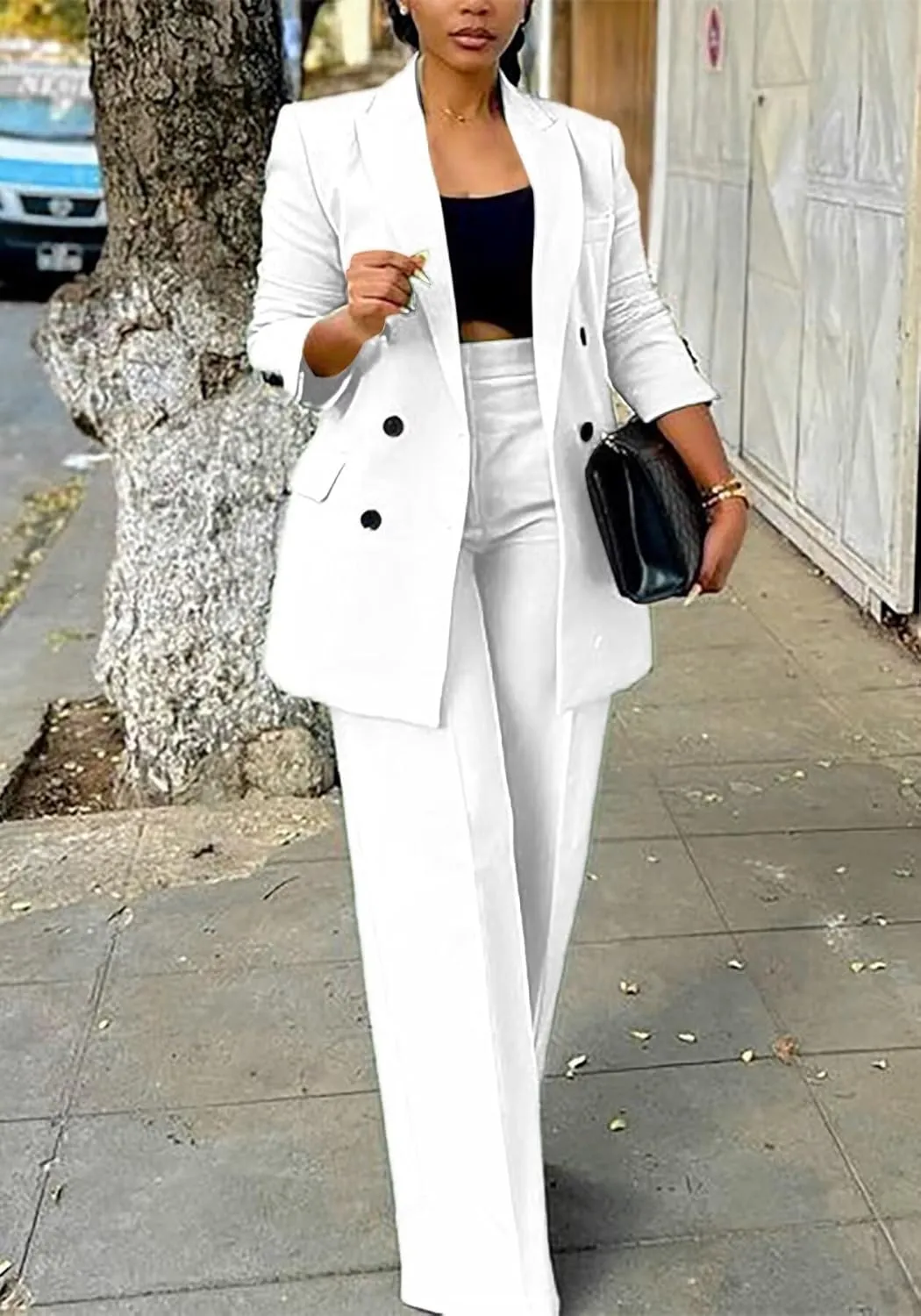 LROSEY 2 Piece Outfits for Women Dressy Double Breasted Blazer Jackets High Waisted Wide Leg Pants Suits Set Casual Business
