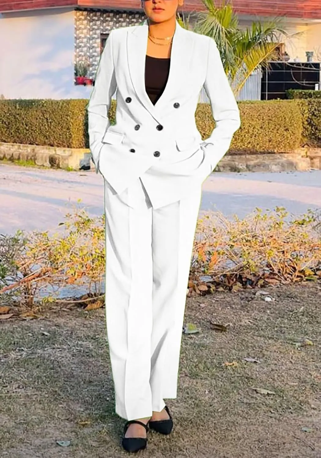 LROSEY 2 Piece Outfits for Women Dressy Double Breasted Blazer Jackets High Waisted Wide Leg Pants Suits Set Casual Business