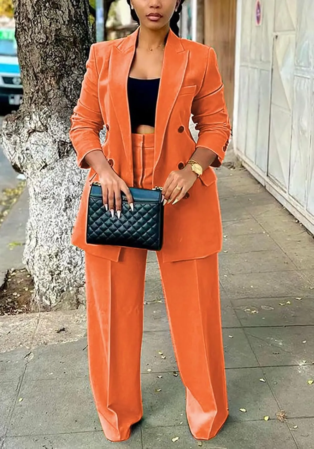LROSEY 2 Piece Outfits for Women Dressy Double Breasted Blazer Jackets High Waisted Wide Leg Pants Suits Set Casual Business