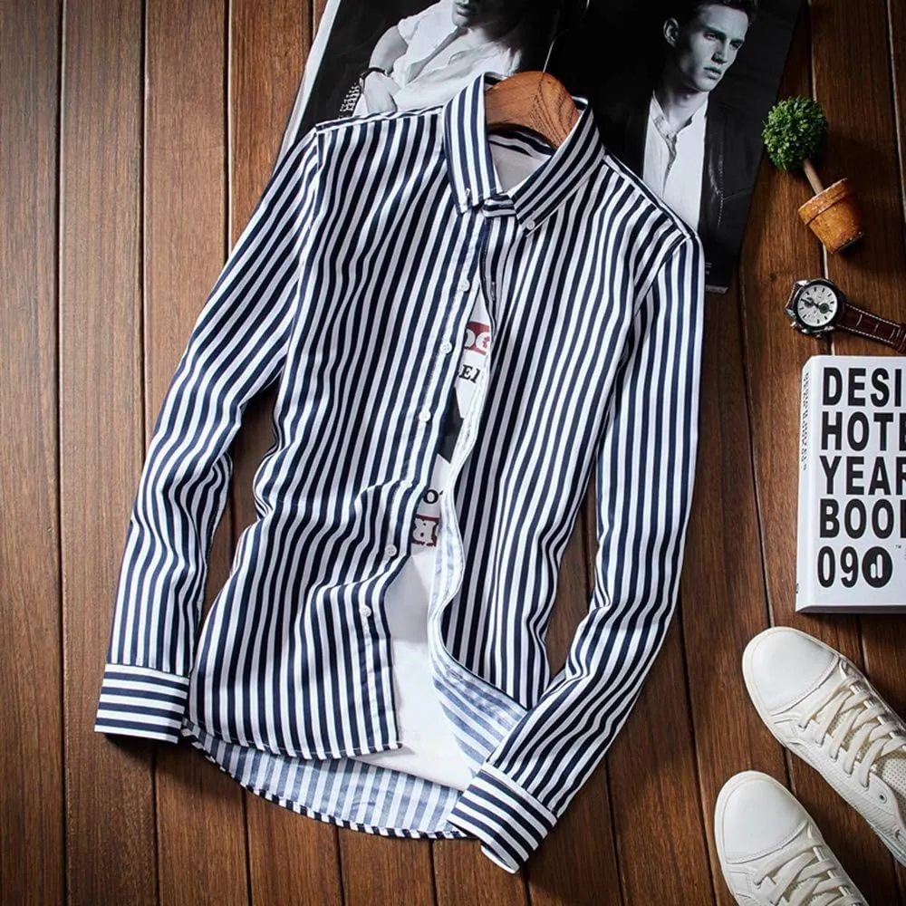 Men's Casual Business Vertical Striped Button Down Long Sleeve Dress Shirts