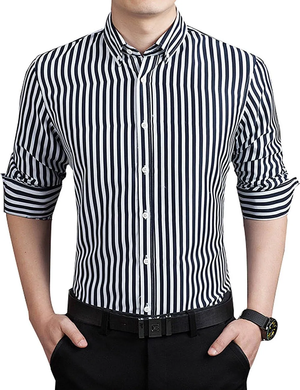 Men's Casual Business Vertical Striped Button Down Long Sleeve Dress Shirts