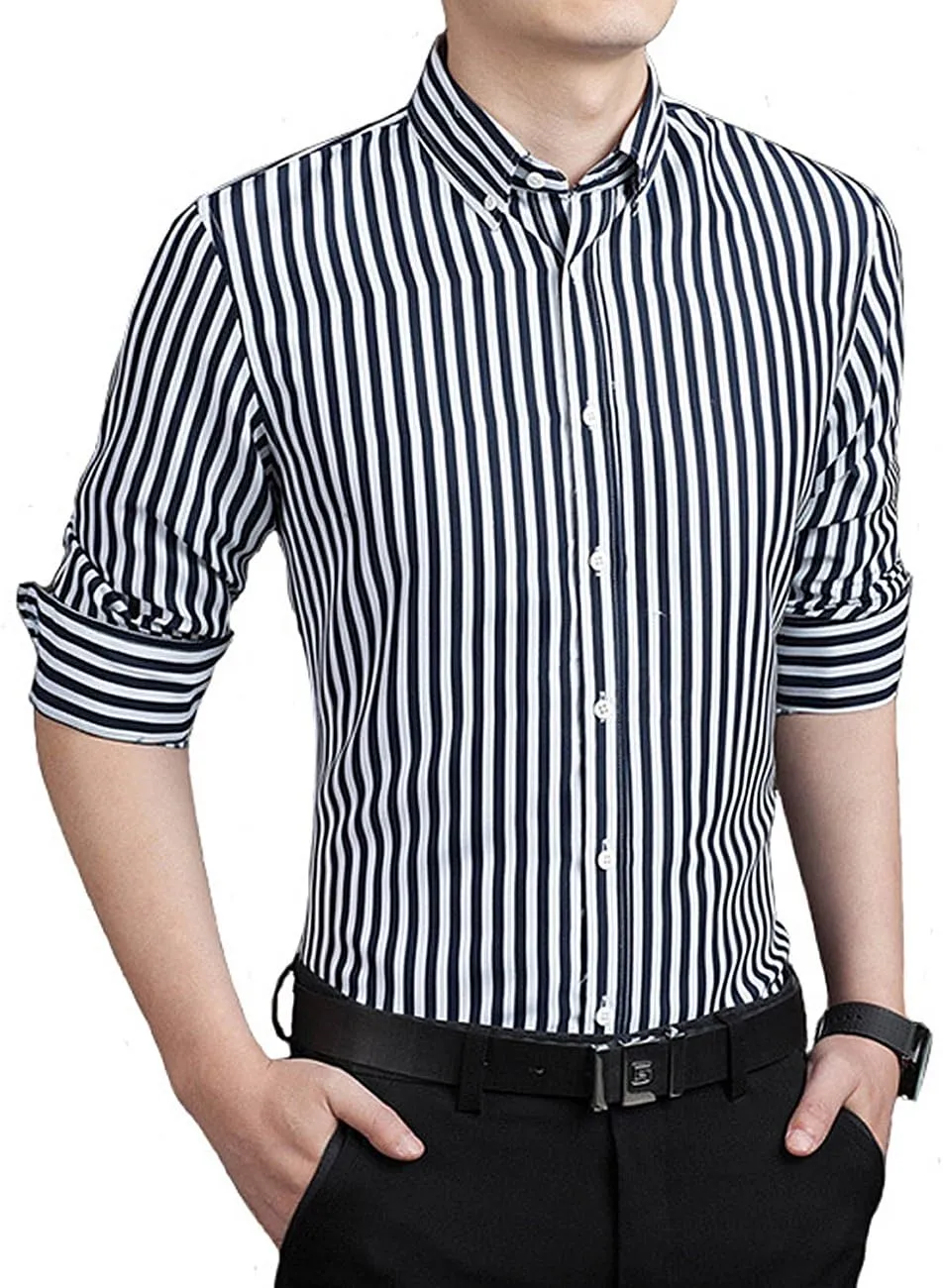 Men's Casual Business Vertical Striped Button Down Long Sleeve Dress Shirts