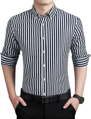 Men's Casual Business Vertical Striped Button Down Long Sleeve Dress Shirts