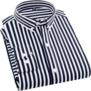 Men's Classic Casual Vertical Striped Slim Fit Long Sleeve Dress Shirts