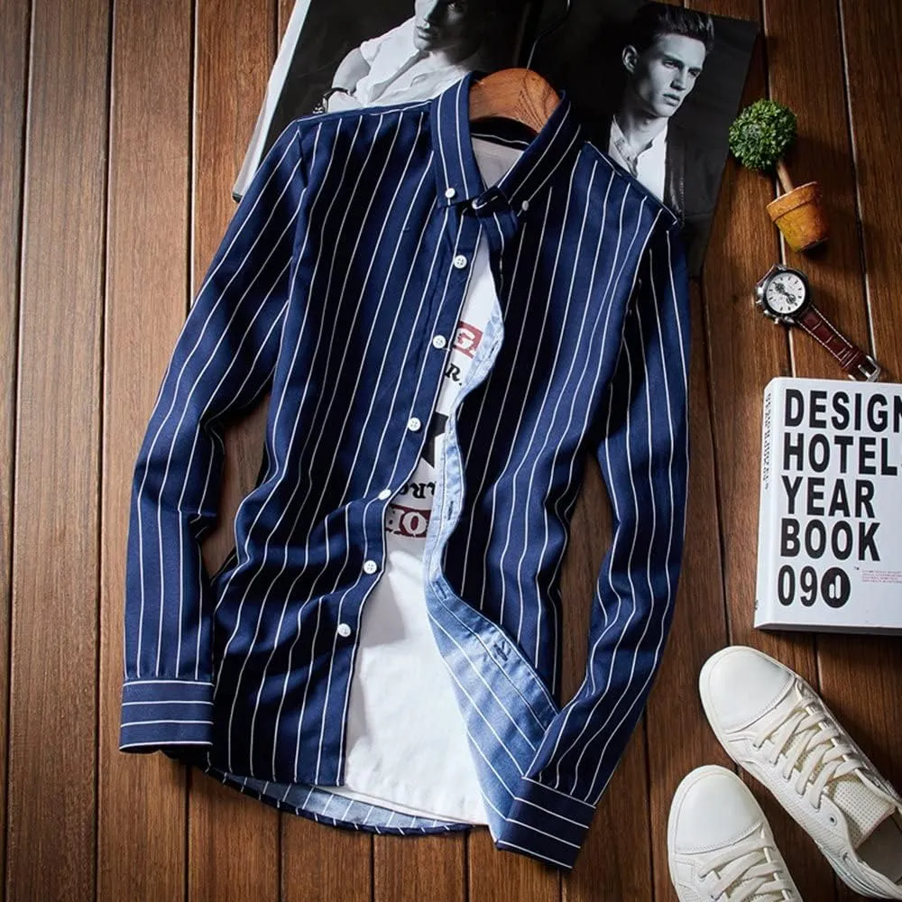 Men's Classic Casual Vertical Striped Slim Fit Long Sleeve Dress Shirts