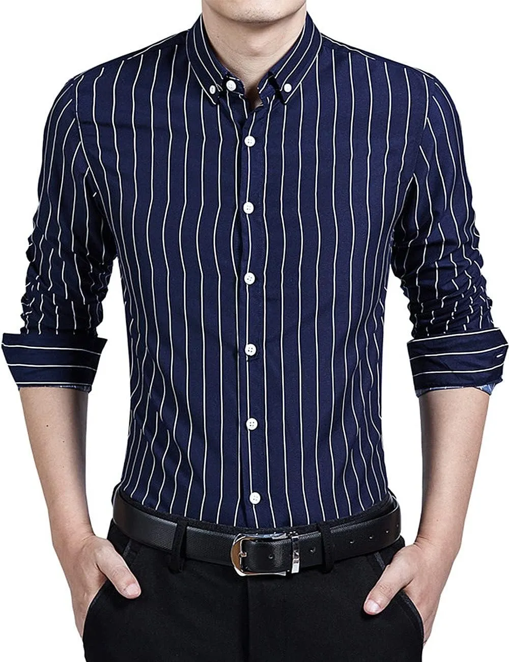 Men's Classic Casual Vertical Striped Slim Fit Long Sleeve Dress Shirts