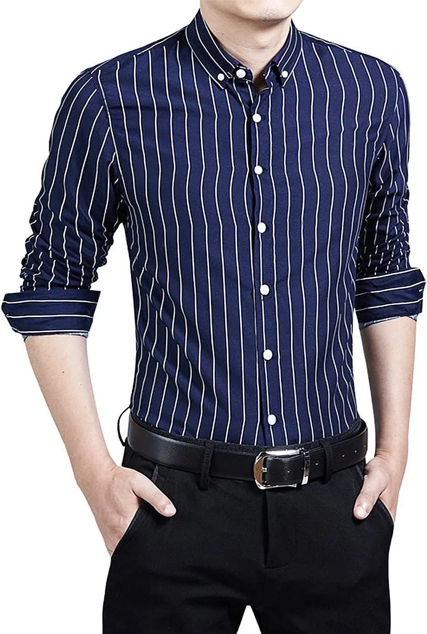 Men's Classic Casual Vertical Striped Slim Fit Long Sleeve Dress Shirts