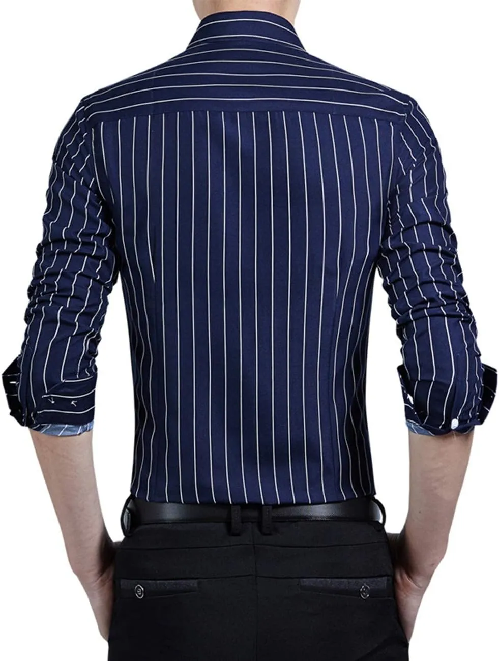 Men's Classic Casual Vertical Striped Slim Fit Long Sleeve Dress Shirts