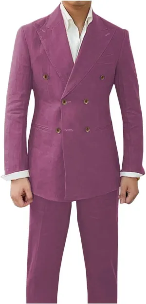 Men's Double Breasted Blazer Pants Set 2 Piece Casual Linen Summer Tuxedo Suits for Wedding Party