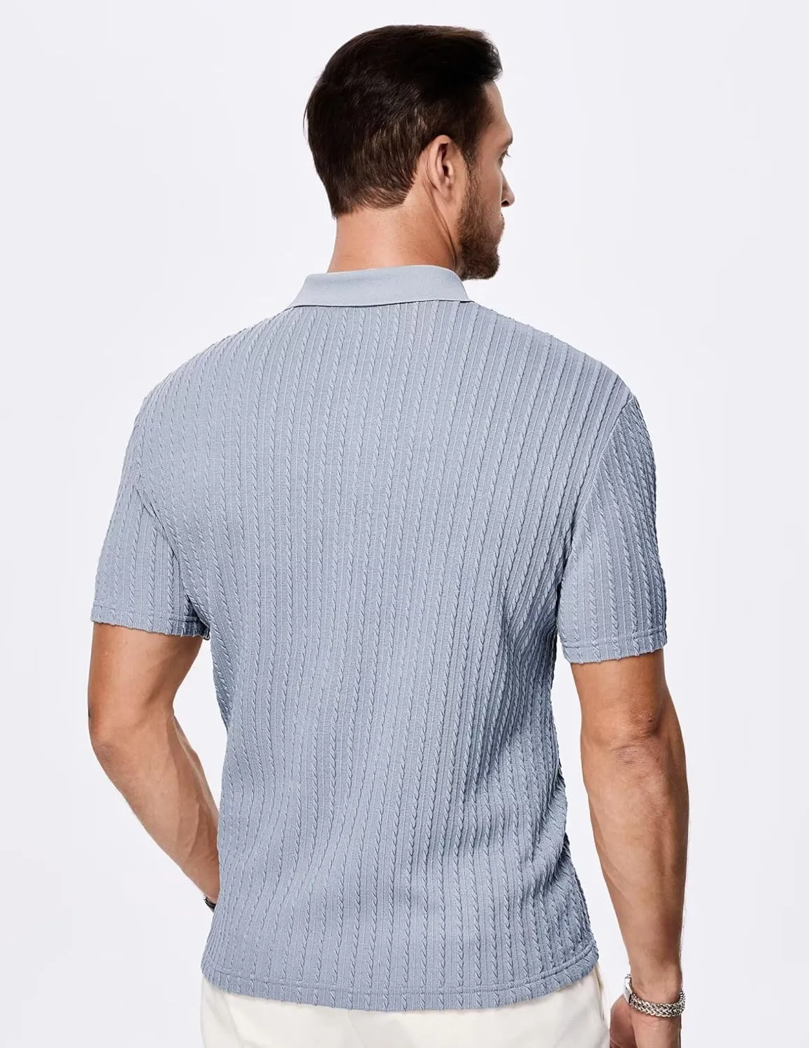 Mens Knit Polo Shirts Short Sleeve Button Down Texture Polo T Shirts Casual Golf Polo Collared Shirts