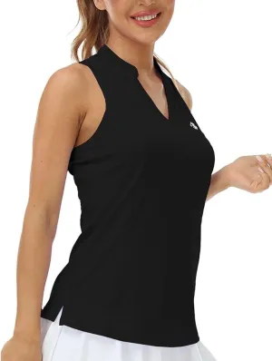MoFiz Women Racerback Sleeveless Golf Polo Shirts V-Neck Collarless Tennis Running Tank Tops Quick Dry Athletic Casual