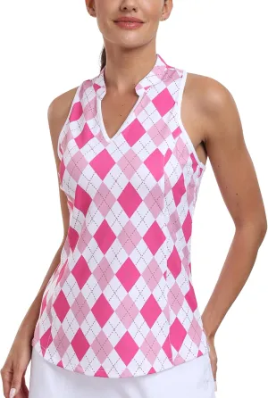 MoFiz Women Racerback Sleeveless Golf Polo Shirts V-Neck Collarless Tennis Running Tank Tops Quick Dry Athletic Casual