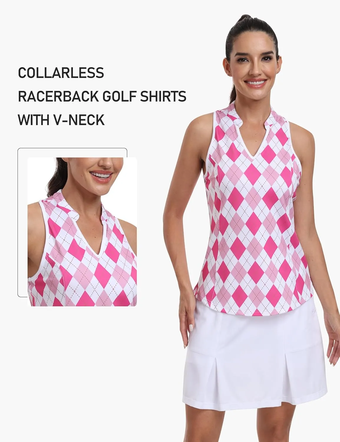 MoFiz Women Racerback Sleeveless Golf Polo Shirts V-Neck Collarless Tennis Running Tank Tops Quick Dry Athletic Casual