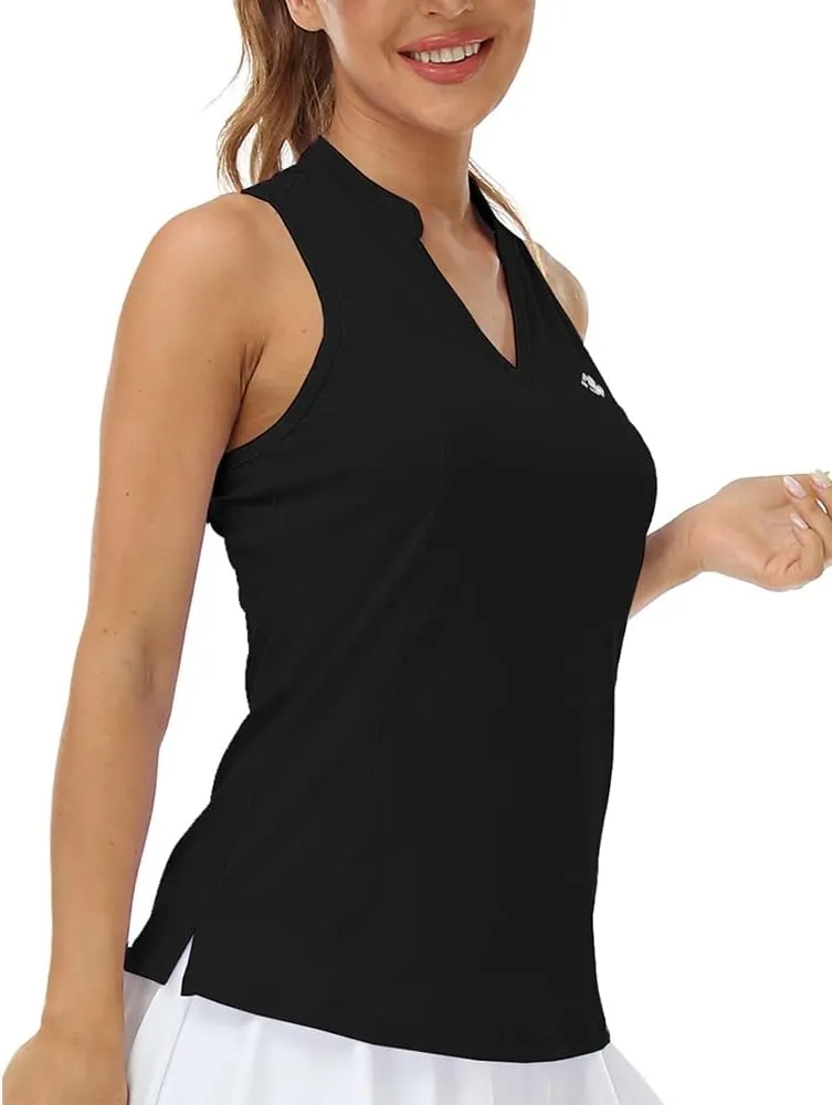MoFiz Women Racerback Sleeveless Golf Polo Shirts V-Neck Collarless Tennis Running Tank Tops Quick Dry Athletic Casual