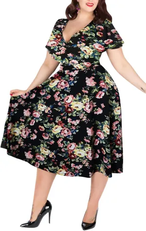 Nemidor Plus Size Dresses for Curvy Women Casual Summer V Neck Short Sleeve Midi Cocktail Vintage Dress with Pocket