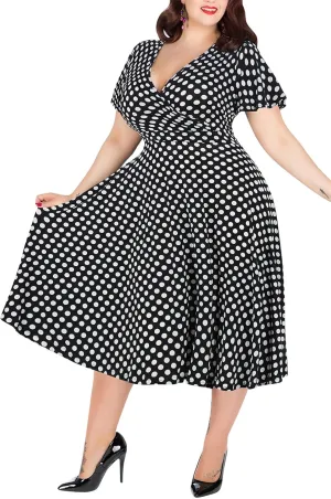 Nemidor Plus Size Dresses for Curvy Women Casual Summer V Neck Short Sleeve Midi Cocktail Vintage Dress with Pocket
