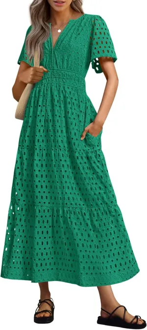 PRETTYGARDEN Womens 2025 Summer Maxi Dress Short Sleeve V Neck Hollow Out Eyelet A Line Long Flowy Beach Vacation Dresses