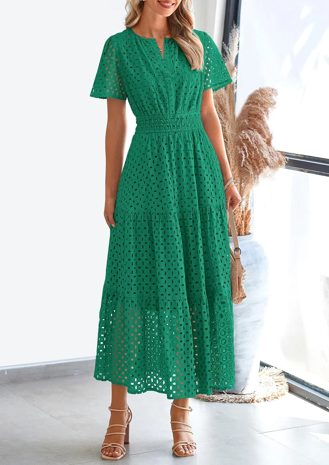 PRETTYGARDEN Womens 2025 Summer Maxi Dress Short Sleeve V Neck Hollow Out Eyelet A Line Long Flowy Beach Vacation Dresses